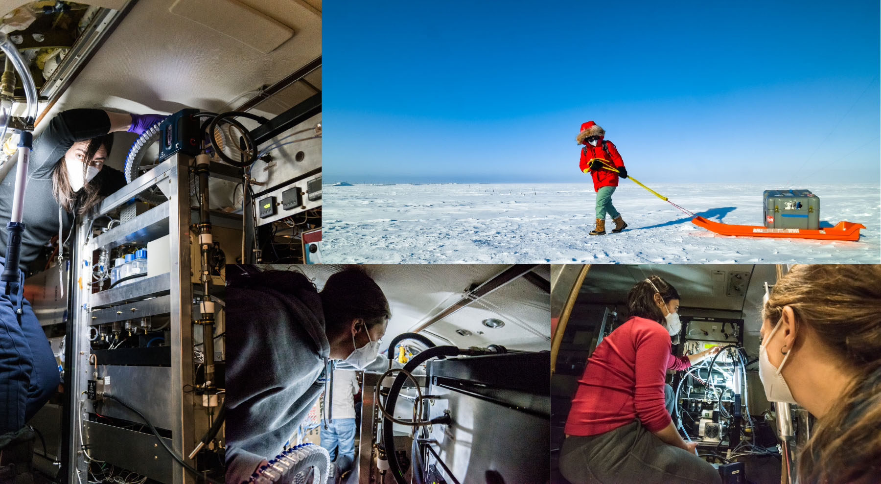 (counterclockwise from left) CHACHA scientist Sara Lance (University at Albany) inspects the instruments inside the King Air research
aircraft to ensure they are functioning properly before a flight; CHACHA scientist Sarah Woods (University at Albany) installs an instrument
on the King Air to collect cloud samples; Lance checks that the tubing and plumbing for the gas analyzers on the King Air are correctly in place as Woods looks on; and CHACHA scientist Natasha Garner (University of Michigan) hauls a case of instruments to a ground station near
Utqiaġvik, Alaska.
