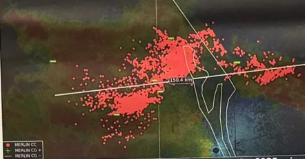 An image showing orange dots depicting the locations of the 4,800 different events comprising a single megaflash over and around Cape Canaveral in Florida on August 5, 2025.
