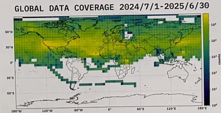 An image showing shaded coverage of weather balloon data across the globe from more than 5,800 flights by long-duration weather balloons.