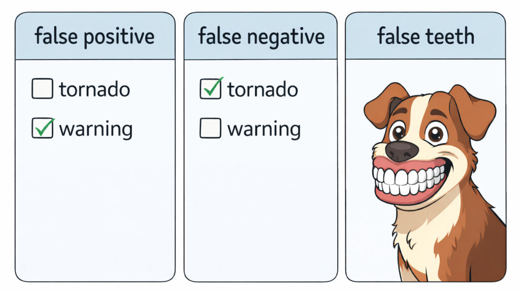 An image depicting the criteria for a "false positive" tornado warning, where a warning is issued but no tornado occurs; a "false negative" tornado warning, where no warning is issued but a tornado does occur; and an image of a dog with big teeth under the funny statement "false teeth."