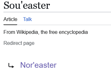An image from Wikipedia showing the result of an online search for the term "Sou'easter" that returns the term "Nor'easter."