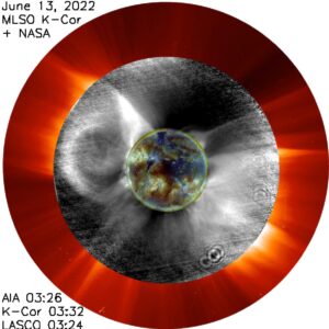 A Mauna Loa Solar Observatory (MLSO) image in grey surrounded by a commonly used solar satellite image in orange shows how much closer the MLSO can see to the sun’s surface (the multi colored disco ball in the middle). The ghostly whisps are a CME.