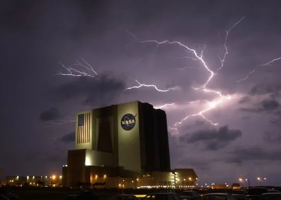 A photo of in-cloud lightning bolts in the vicinity of NASA's Vehicle Assembly Building at Cape Canaveral Florida.