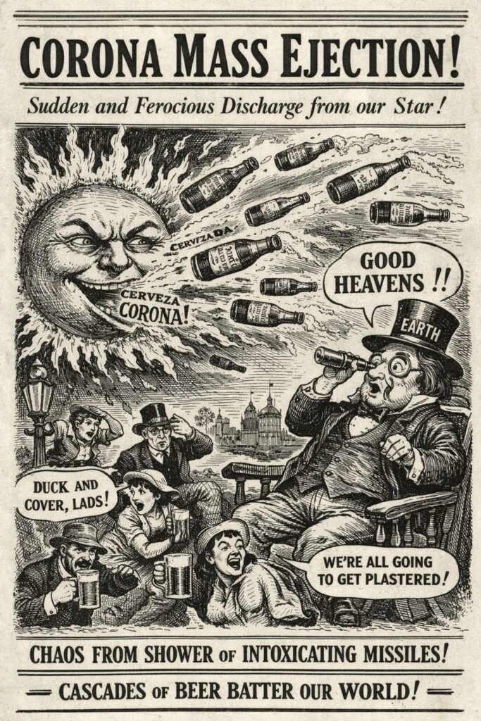 An image of a whimsical poster sharing the news of a coronal mass ejection from the sun—a solar flare—instead as a mass ejection of "Corona"—the beer from Mexico—and all the hilarity that goes with that depiction ... such as bottles of Corona beer ejecting from a malevolent sun.