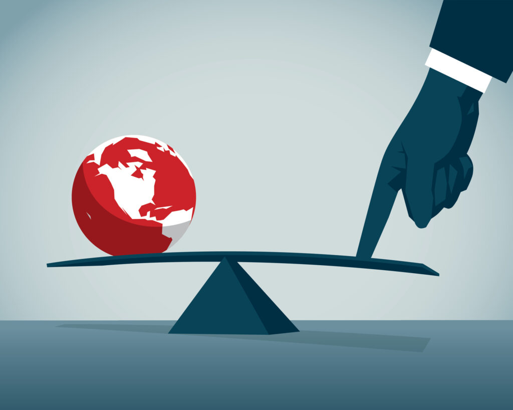 A rendering of a scale with a finger pushing on one side and the Earth sitting on the other side.