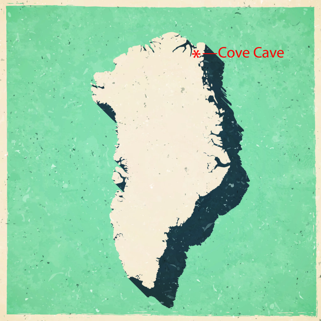 A map of Greenland with Cove Cave higlighted at the upper northeast corner
