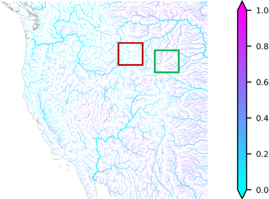 An image showing streamflow uncertainty in the Western United States depicts model simulations perform better where substantial snow is present at headwaters versus those where snow is limited.