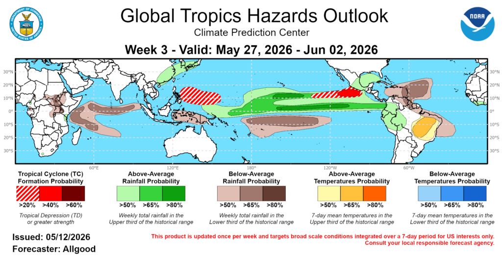 A map of Earth's oceans for Week 3 of the two-week Climate Prediction Center Global Tropical Hazards Outlook shows increased odds for tropical cyclone formation south of Mexico.