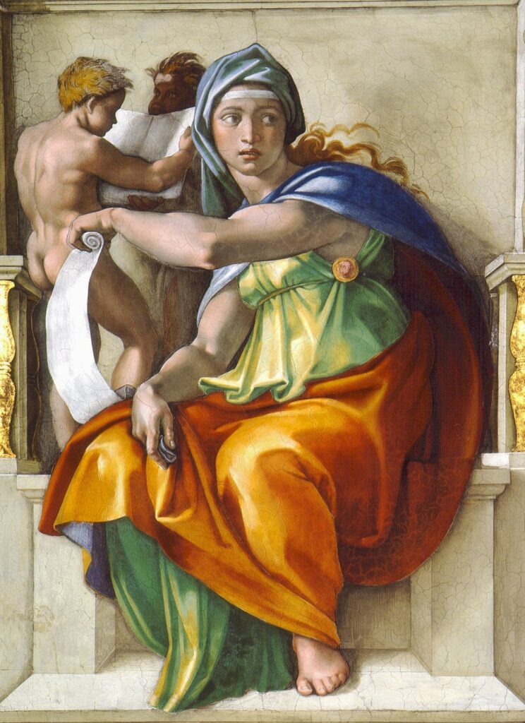 A depiction of Michelangelo's Delphic Sibyl on the ceiling of the Sistine Chapel: A woman is seated wearing flowing robes and holding a scroll, with her head turned and her eyes gazing to the left
