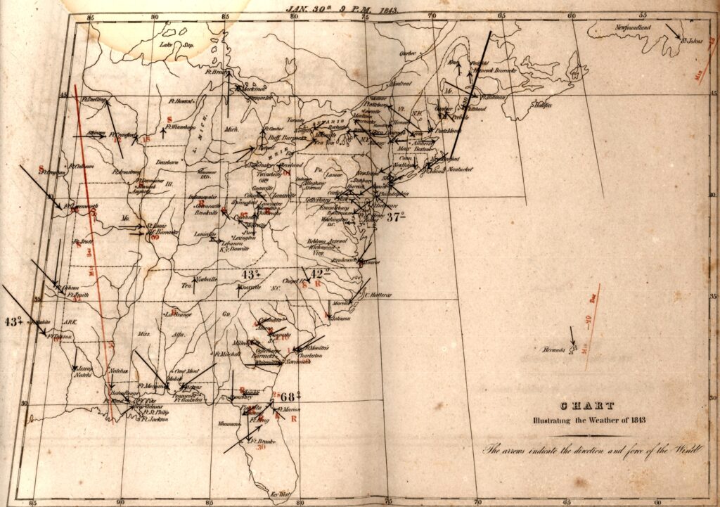 A weather map from 1843 of approximately the eastern third of the United States, with many cities notated and numerous symbols.