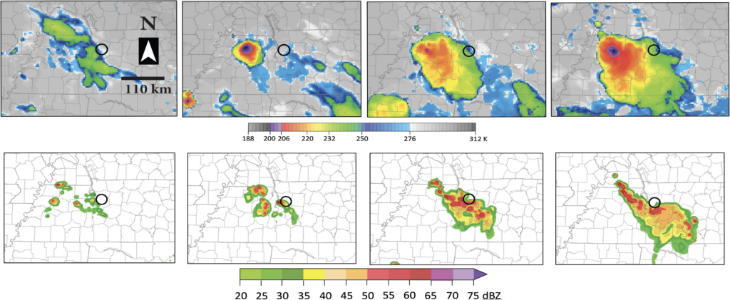 Simulated infrared satellite imagery (top) and radar reflectivity (bottom) from respective WoFS members that are suggestive of stationary and back-building thunderstorms that would persist over western Tennessee for hours