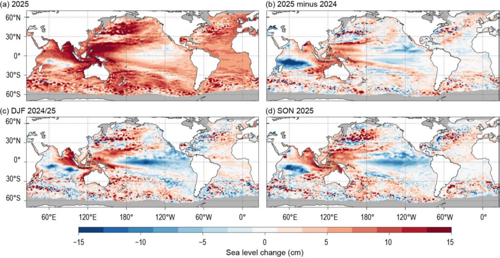 Fig. 3.17 in State of the Climate in 2025 shows 2025 annual and seasonal sea level anomalies compared with 2024 and the 1993–2022 baseline.