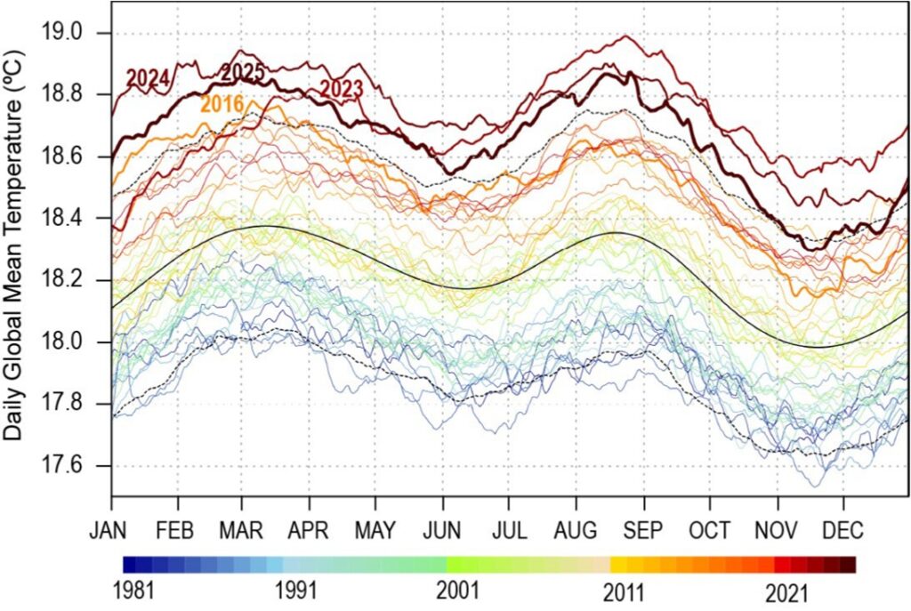 Figure 3.1 in State of the Climate in 2025 shows global mean daily sea surface temperature curves since 1981, highlighting how 2025 remained far above the 1991–2020 normal envelope for almost the entire year.