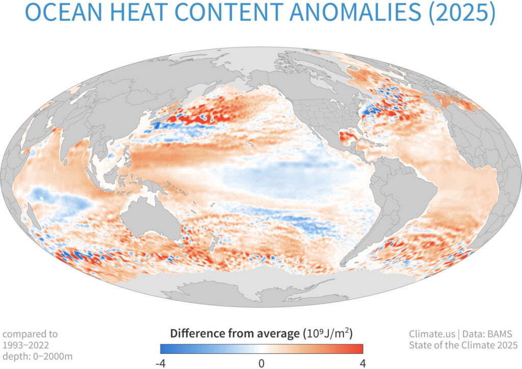 Map of ocean heat content in 2025, showing a majority of red in most areas indicating overall high heat.