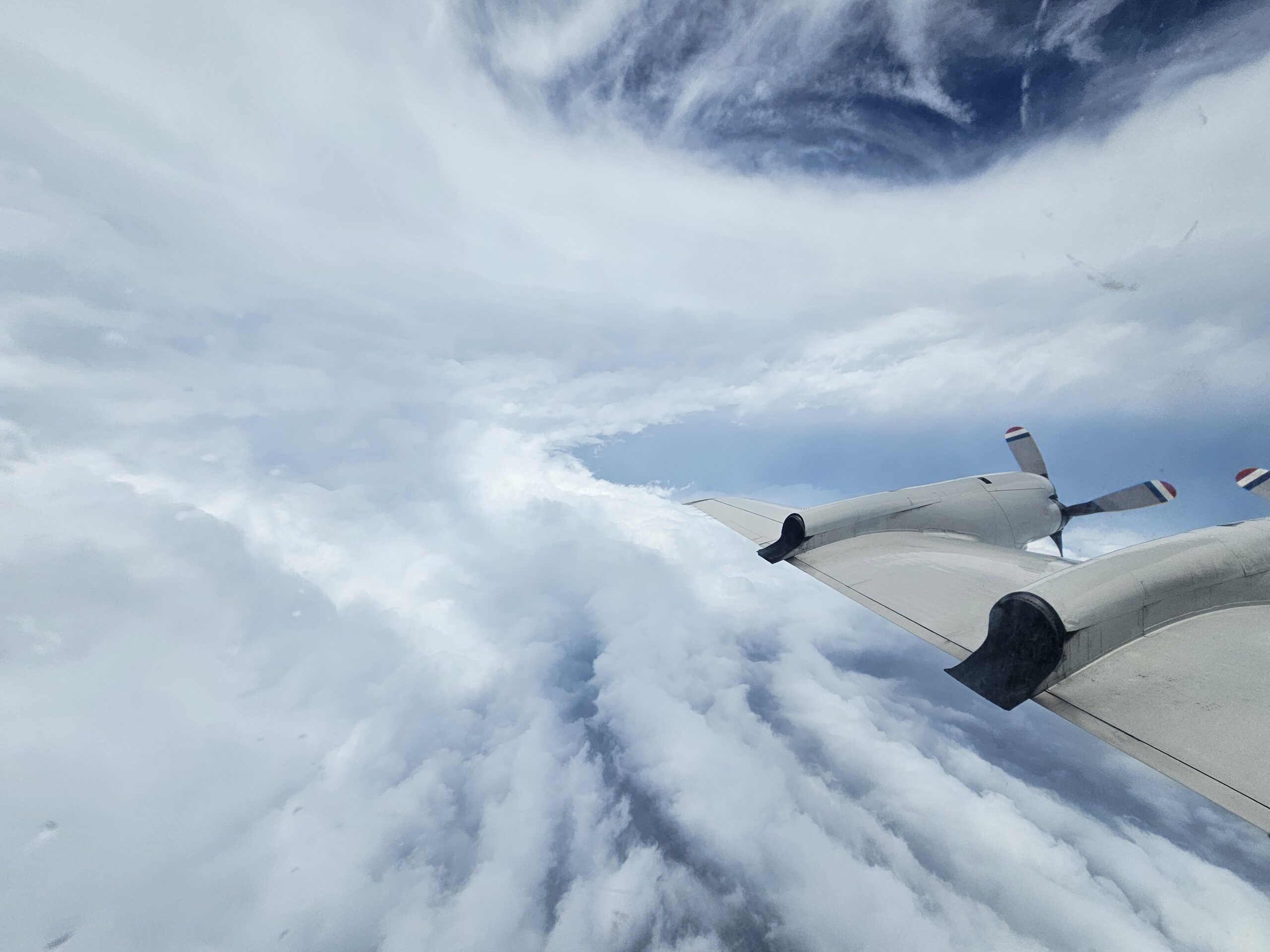 A view from inside the eye of Hurricane Lowell on board NOAA43 Hurricane Hunters "Miss Piggy" during the first center pass on September 2, 2026 at 1229 HST (2229 UTC).