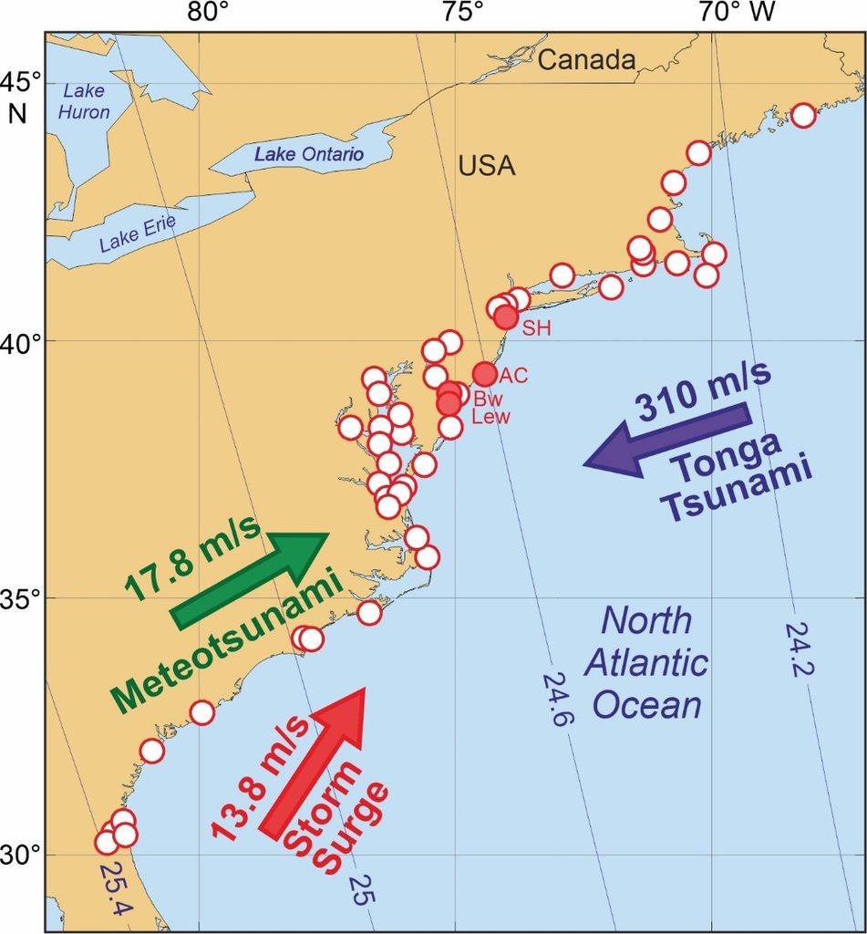 Map of the U.S. East Coast impacted by the three events of January 16–17, 2022. 