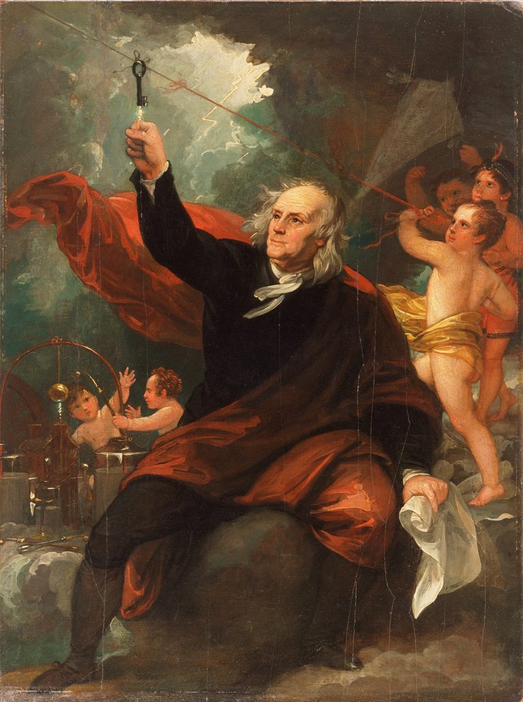 The painting "Benjamin Franklin Drawing Electricity from the Sky," by Benjamin West.